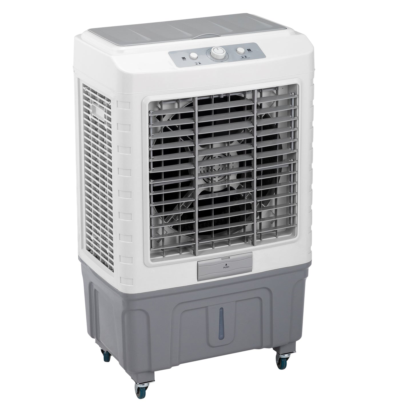 Household Appliances 3 in 1 Portable Evaporative Cooler,Indoor,Outdoor,4118CFM Personal Air Cooler,Mechanical control ,13.2 Gal Large Water Tank & Scroll Casters, 4 Ice Packs,White and gray