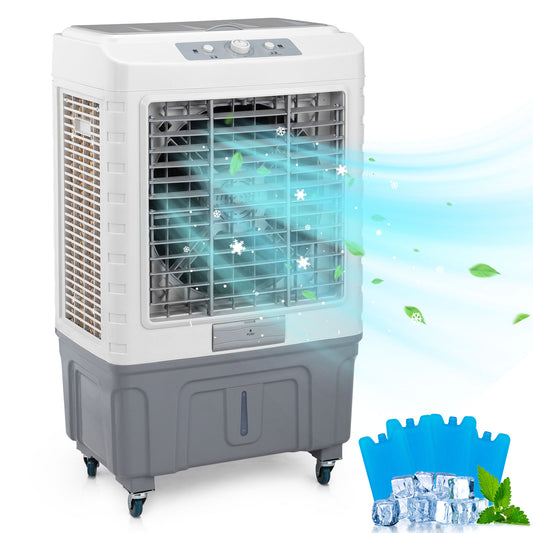 Household Appliances 3 in 1 Portable Evaporative Cooler,Indoor,Outdoor,4118CFM Personal Air Cooler,Mechanical control ,13.2 Gal Large Water Tank & Scroll Casters, 4 Ice Packs,White and gray