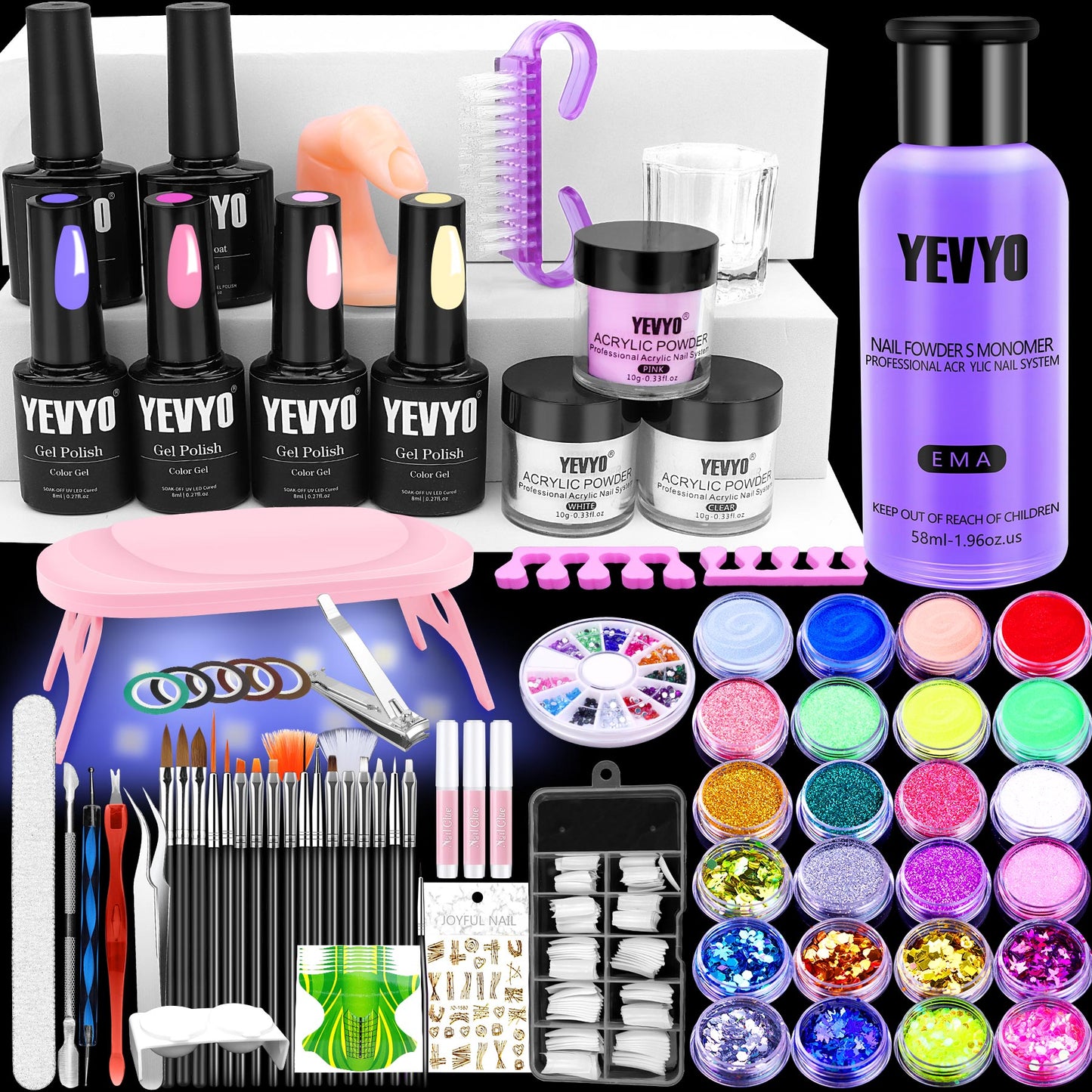 Health & Beauty Acrylic Nail Kit with UV Light, 4 Colors Gel Polish Kit with 24 Glitter Colors Acrylic Powder Monomer Liquid