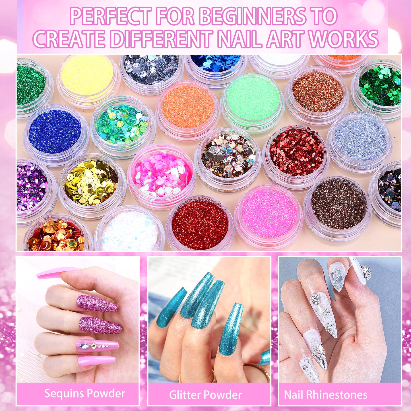Health & Beauty Professional Acrylic Nail Kit, with Pink Nail UV LED lamps, Acrylic Powders,  Base Top Coat, Nail Tips, Rhinestones, Nail Decorations and Nail Art Tools
