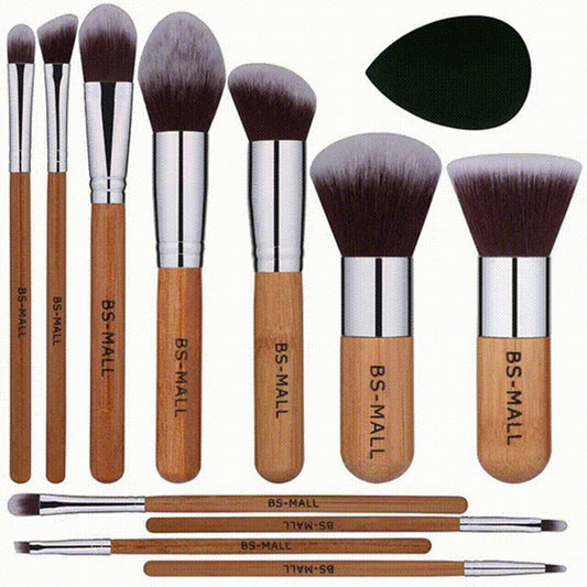 Health & Beauty 11Pcs Bamboo Makeup Brush Set, Synthetic Kabuki Makeup Brush Set with Storage Bag and Makeup Sponge(USPS shipment)