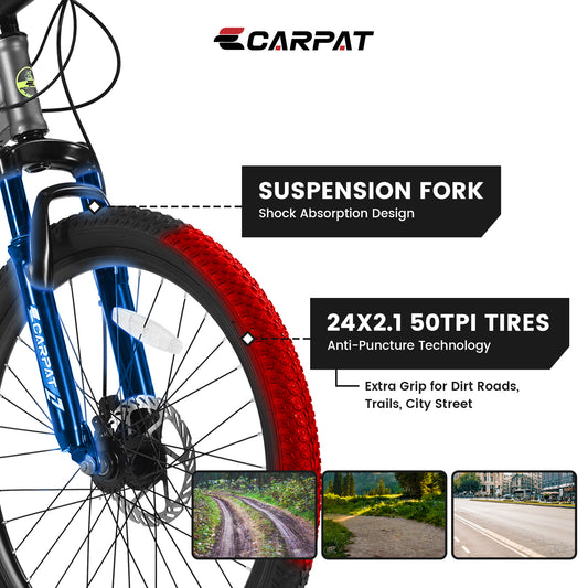 Ride and Slide 24 Inch Mountain Bike Boys Girls, Steel  Frame, Shimano 21 Speed Mountain Bicycle with Daul Disc Brakes and Front Suspension MTB