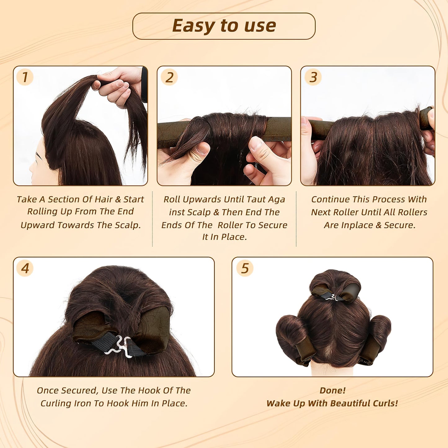 Health & Beauty Overnight Heatless Hair Curler, Heatless Curls Satin Flexi Rods with Hook, Versatile Curling Tool for All Hair Types - Brown