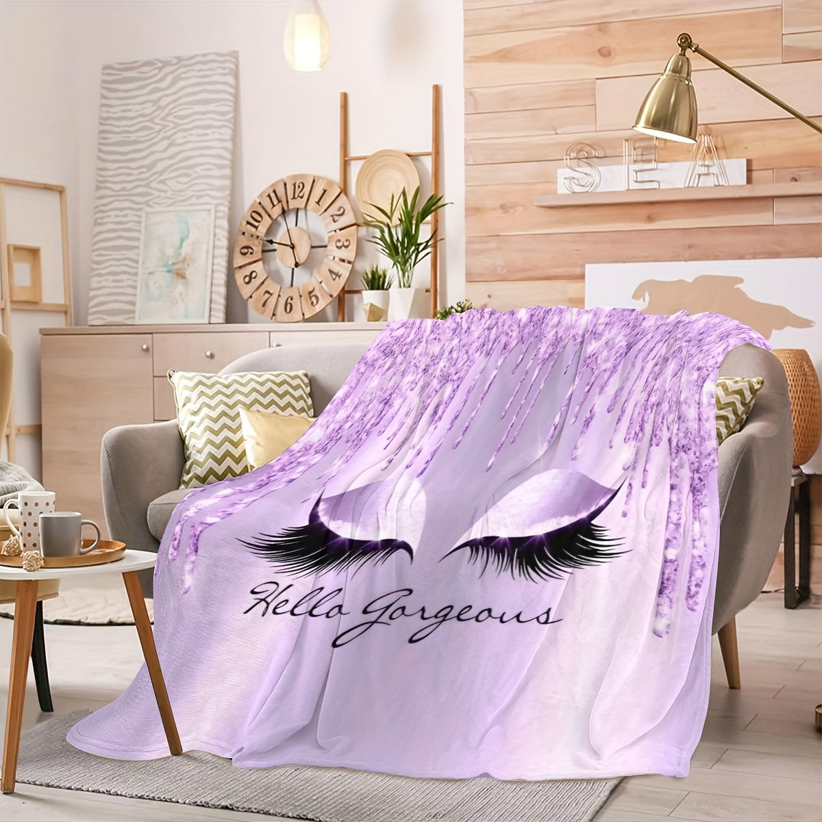 1pc Purple Eyelash Print Flannel Blanket – Soft, Cozy, and Stylish with "Hello Gorgeous" Design – Perfect for Birthdays, Christmas, Appreciation Gifts – Ideal for Naps, Office, School, Picnics, Travel, and More, Best for Christmas