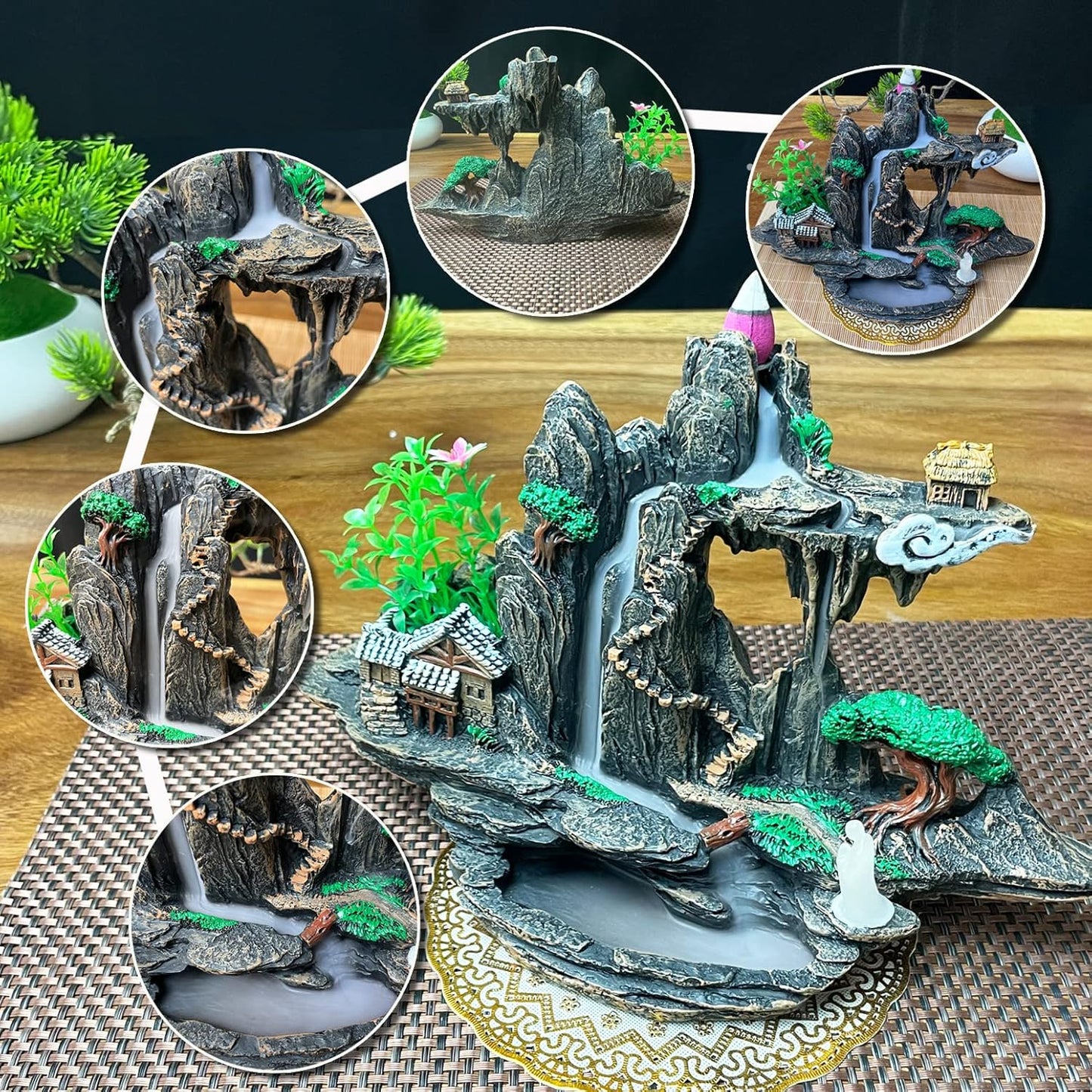 Incense Holders Mountain Waterfall Incense Burner，Backfall Incense Holder River, Incense Falls Meditation Decor for Room with Upgrade Incense Cones and Accessories (Mountain)