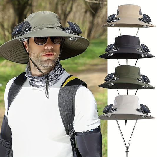 Outdoor, Recreational and Sports Stay Cool All Day – Men's Solar-Powered Fishing Hat with 3-Speed Fan | Wide Brim & UV Shield for Camping, Hikes & Beach Adventures